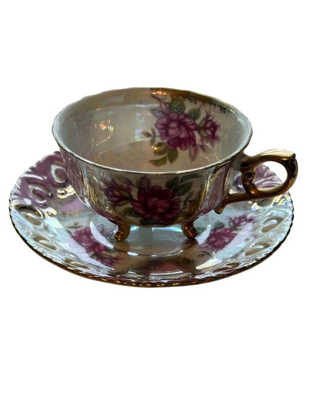 Lefton Reticulated Saucer and Tea Cup Irridescent Pink and Green Floral Vintage